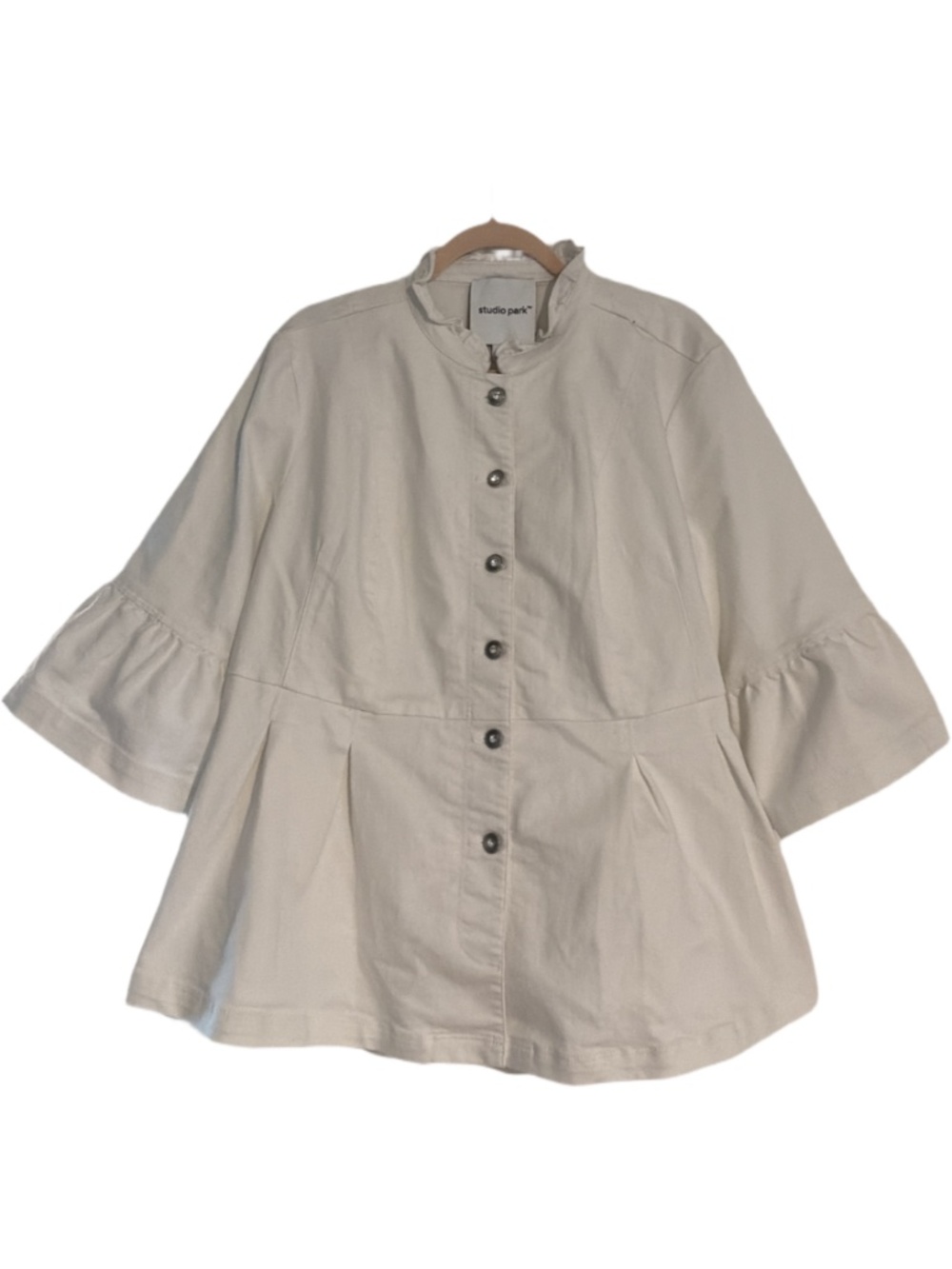 Studio Park Denim Jacket Ruffled Mandarin Collar with Pleated Peplum 1X